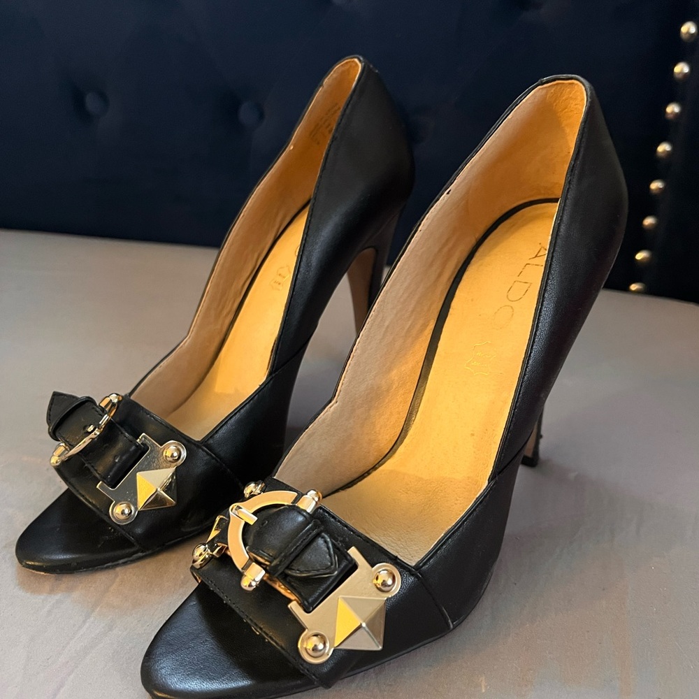 Beautiful, black leather open toe heels